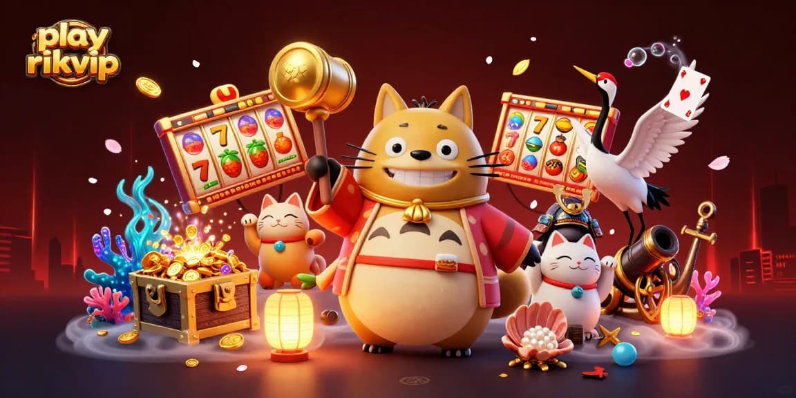 Play rikvip and win as the cheerful tanuki celebrates with slot games and fortune cats.