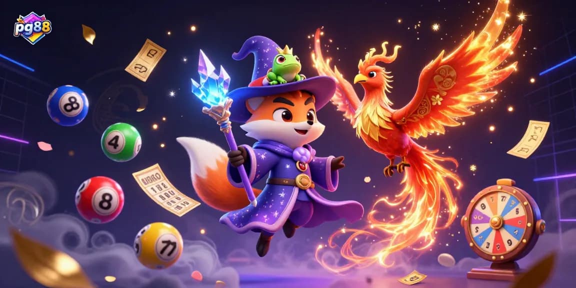 Engage with pg88 as the mystical wizard fox and phoenix bring vibrant gaming magic, showcasing colorful lottery elements.