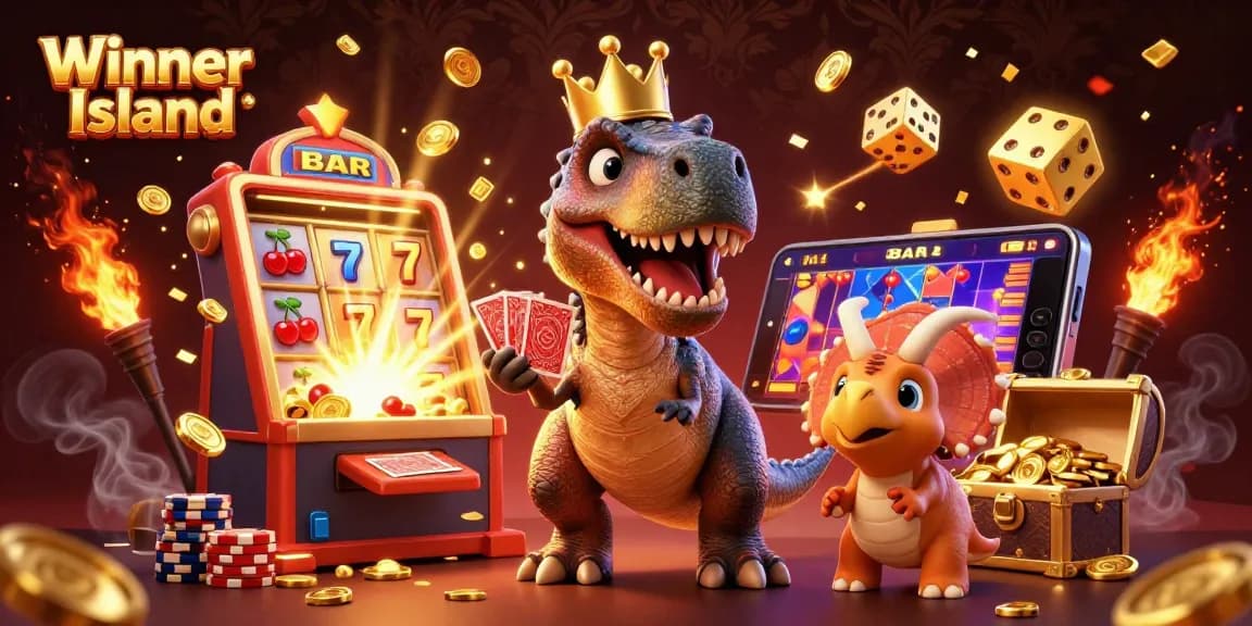 Winner Island showcases a vibrant casino scene with a playful T-Rex, pterodactyl, and triceratops amidst slot machines and gaming action.