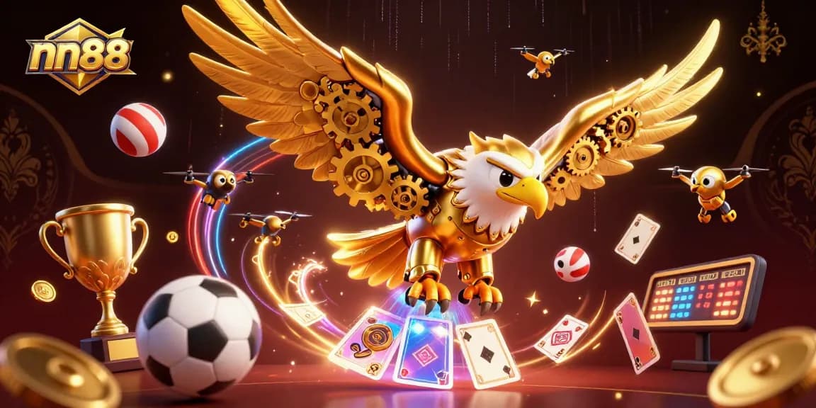 Experience nn88 with vibrant sports elements and a dynamic golden eagle soaring through holographic cards.