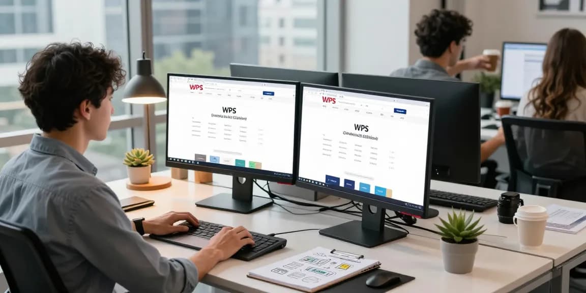 Professional working at a tech workspace featuring WPS Official Website interface.