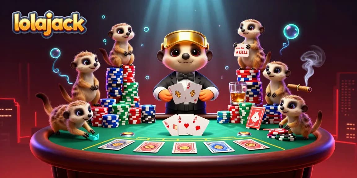 Experience the thrill of lolajack in a vibrant 3D casino scene with meerkats and poker elements.