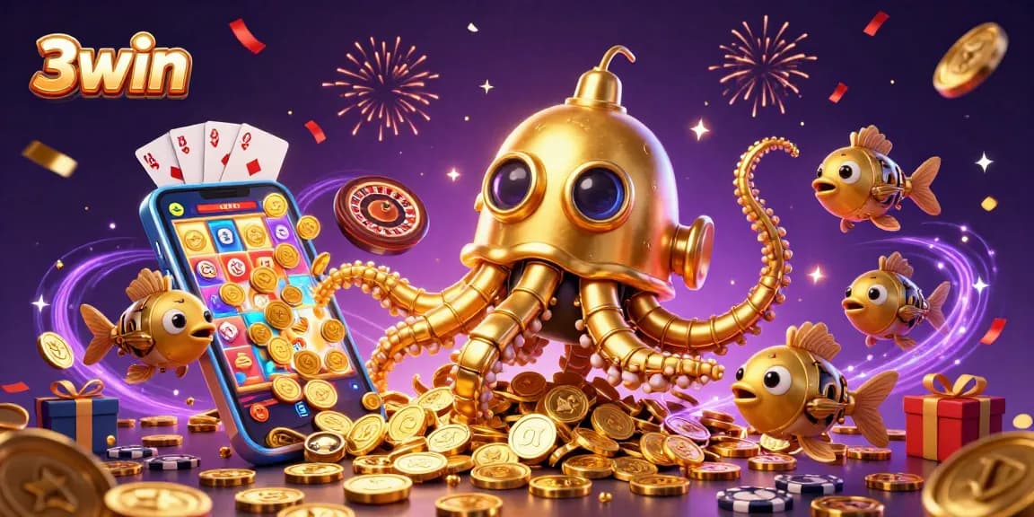 Engage in the thrilling world of 3win with a vibrant casino scene, featuring gold coins and colorful slot games.