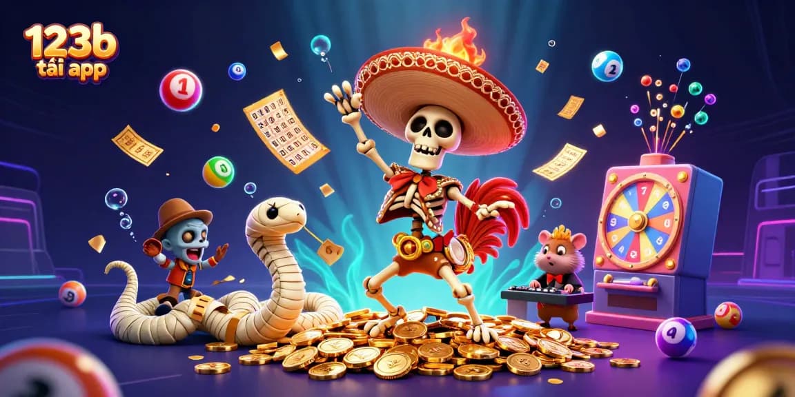 Experience the excitement of 123b tải app with vibrant casino characters dancing among lottery elements.