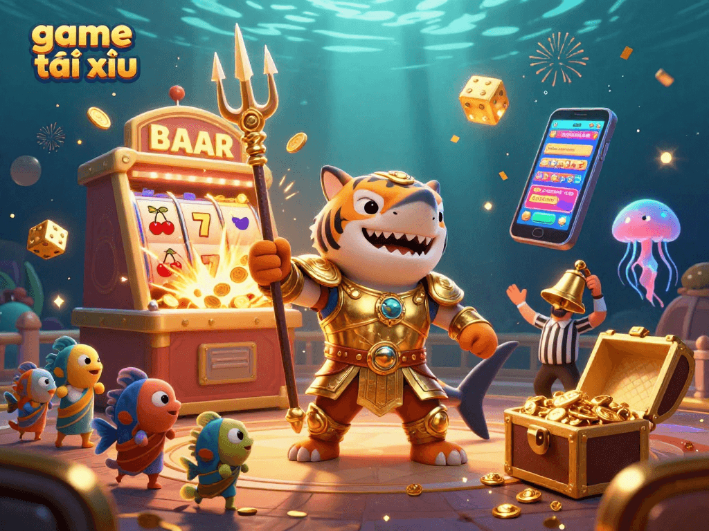 Play game tài xỉu in an exhilarating underwater scene, featuring a tiger shark in armor and jackpot elements.
