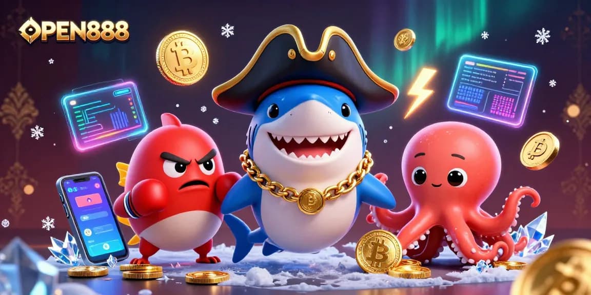 Join the excitement of OPEN888 with this colorful 3D illustration of fun characters and crypto elements in action.