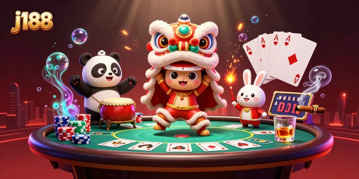 Experience j188's exciting gameplay with a vibrant poker scene featuring lion dance characters.