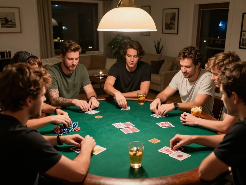 A group of friends enjoying a poker game at home, playing Texas Hold'em with excitement, showcasing Ai88bet's social gaming atmosphere.