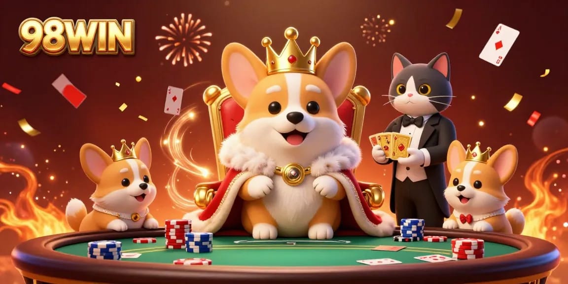 Experience the excitement of 98WIN with vibrant poker elements and a royal corgi surrounded by lavish symbols.
