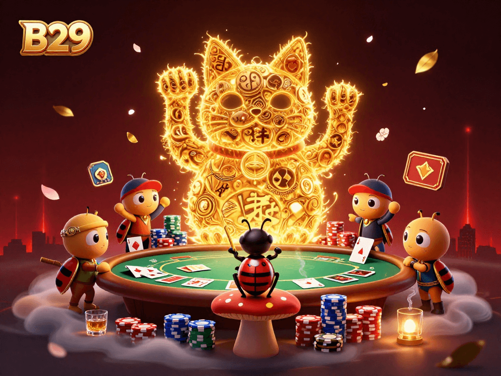 B29 players engage with a vibrant casino scene featuring a lucky cat and golden fireflies amidst poker elements.