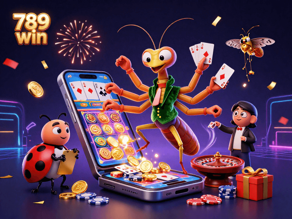 Engaging scene showcasing 789 win casino excitement with a card sharp and pit boss amid dynamic slot game elements.