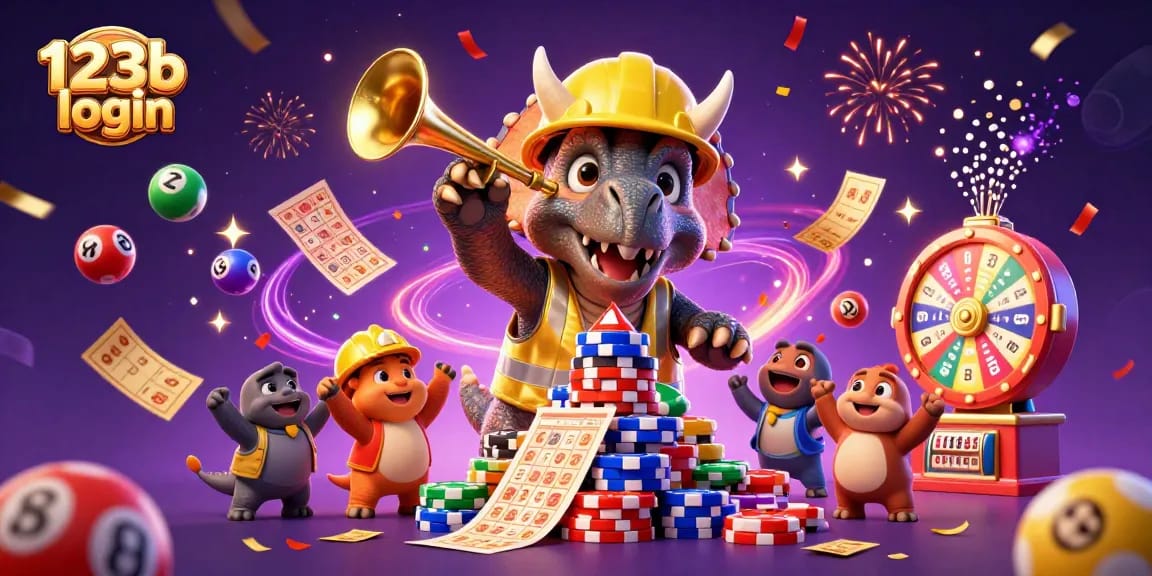 Join the fun at 123b login, with a triceratops building poker chip pyramids amidst lottery excitement!