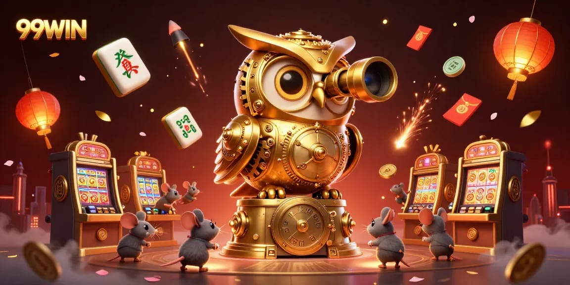 Engage with 99WIN's vibrant world of gaming as the clockwork owl scans the lively casino scene.
