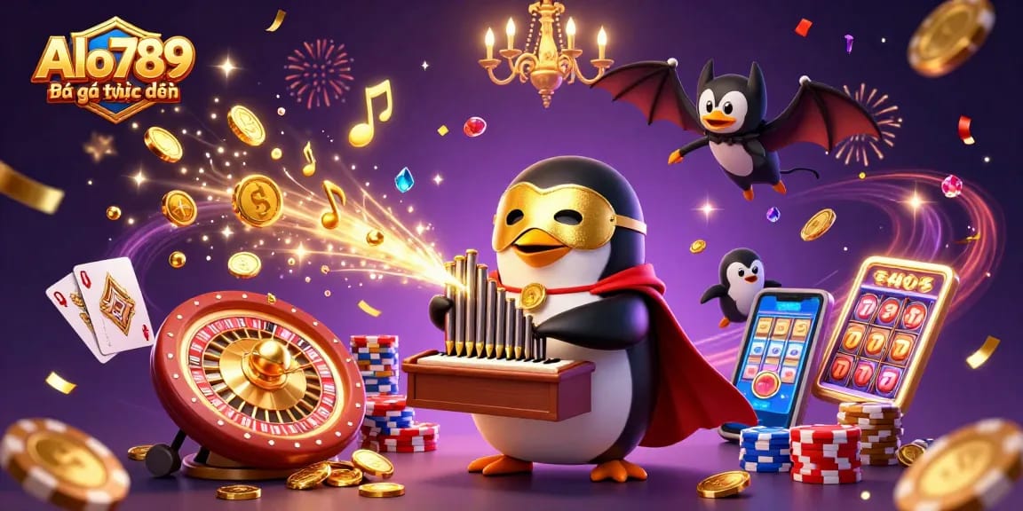 Alo789 Đá gà trực tiếp showcases a vibrant 3D scene with a penguin organist amidst flying coins and roulette.