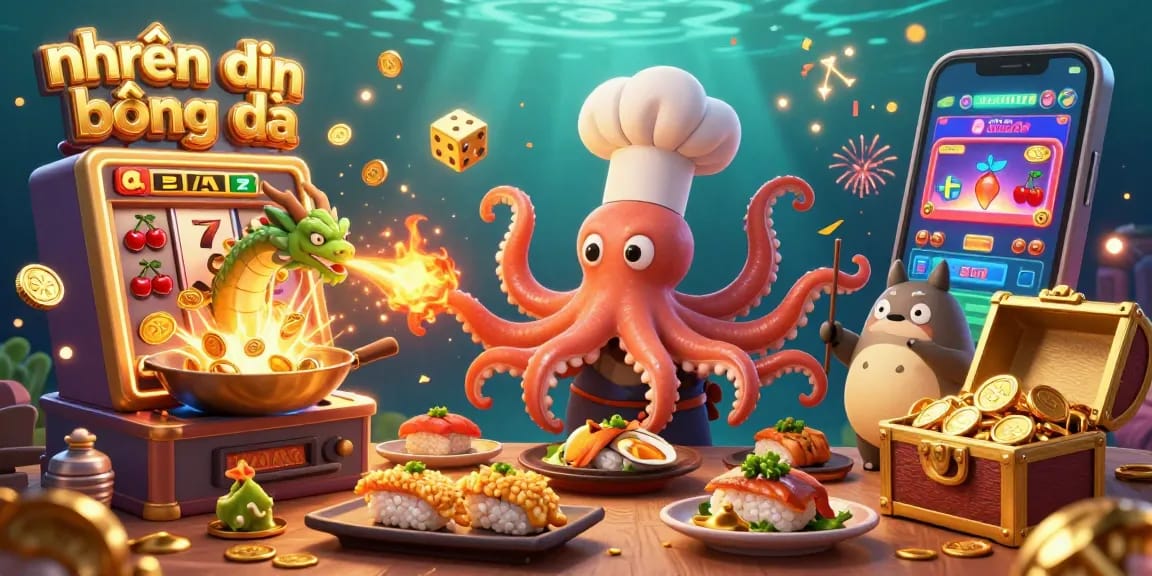 Engaging scene featuring nhận định bóng đá with cartoon octopus and dragon preparing dishes, surrounded by casino elements.