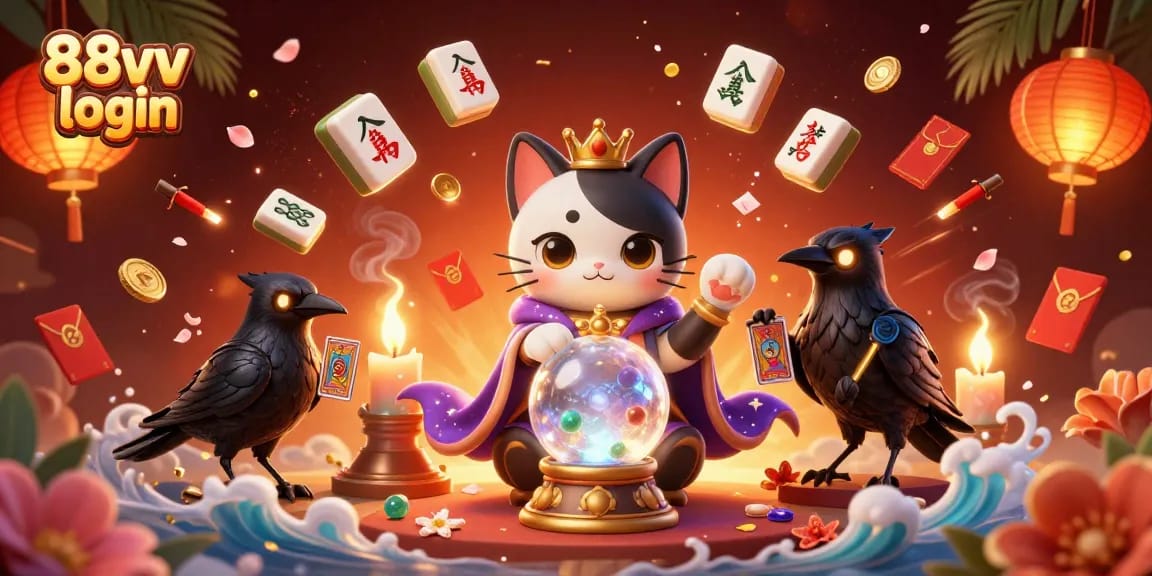 Engage with 88vv login excitement featuring a mystical cat and a fortune-telling raven in a vibrant casino scene.