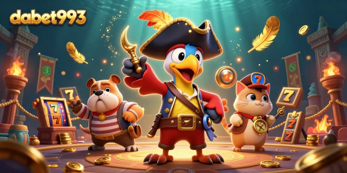 Engage in thrilling gaming action with dabet993, featuring a pirate captain and his crew in a vibrant casino scene.