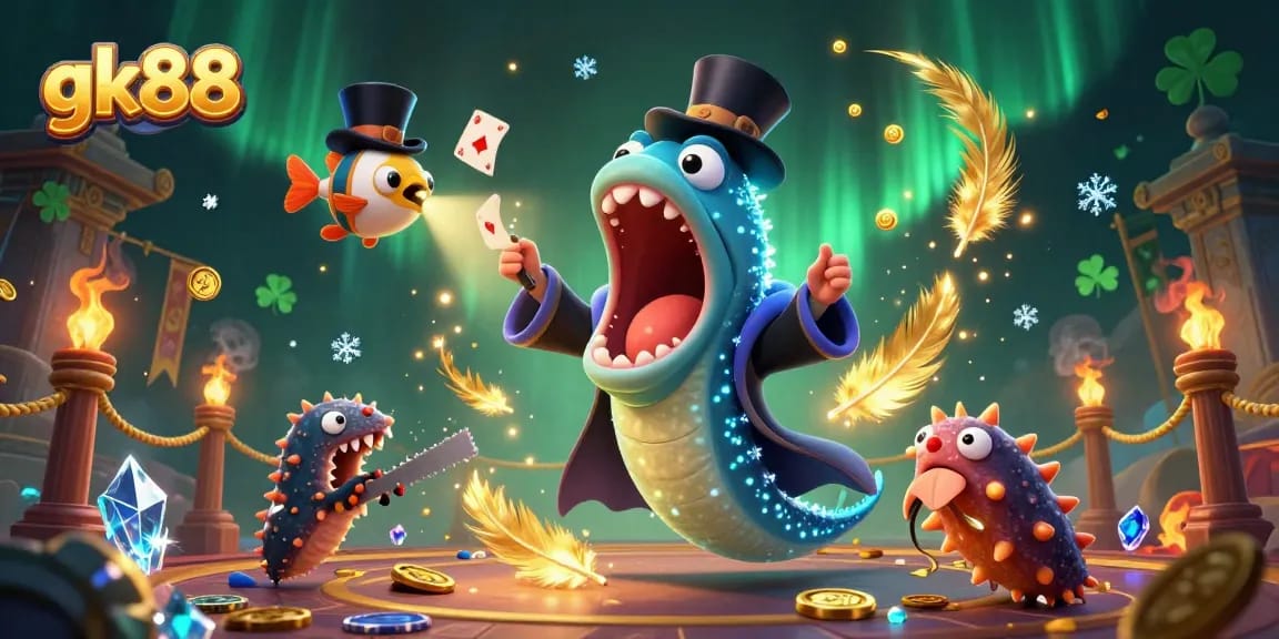 Experience exciting card tricks and casino themes with gk88 in a vibrant underwater scene.