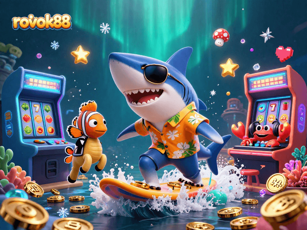 Experience the thrill of rokok88 casino with unique characters riding gold coins in an exciting arcade scene.