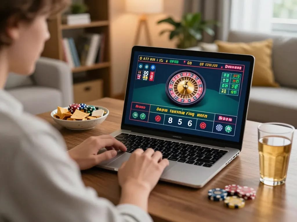 Engaging online gaming session at home showcasing Say88 chính thức roulette gameplay and responsible stakes.