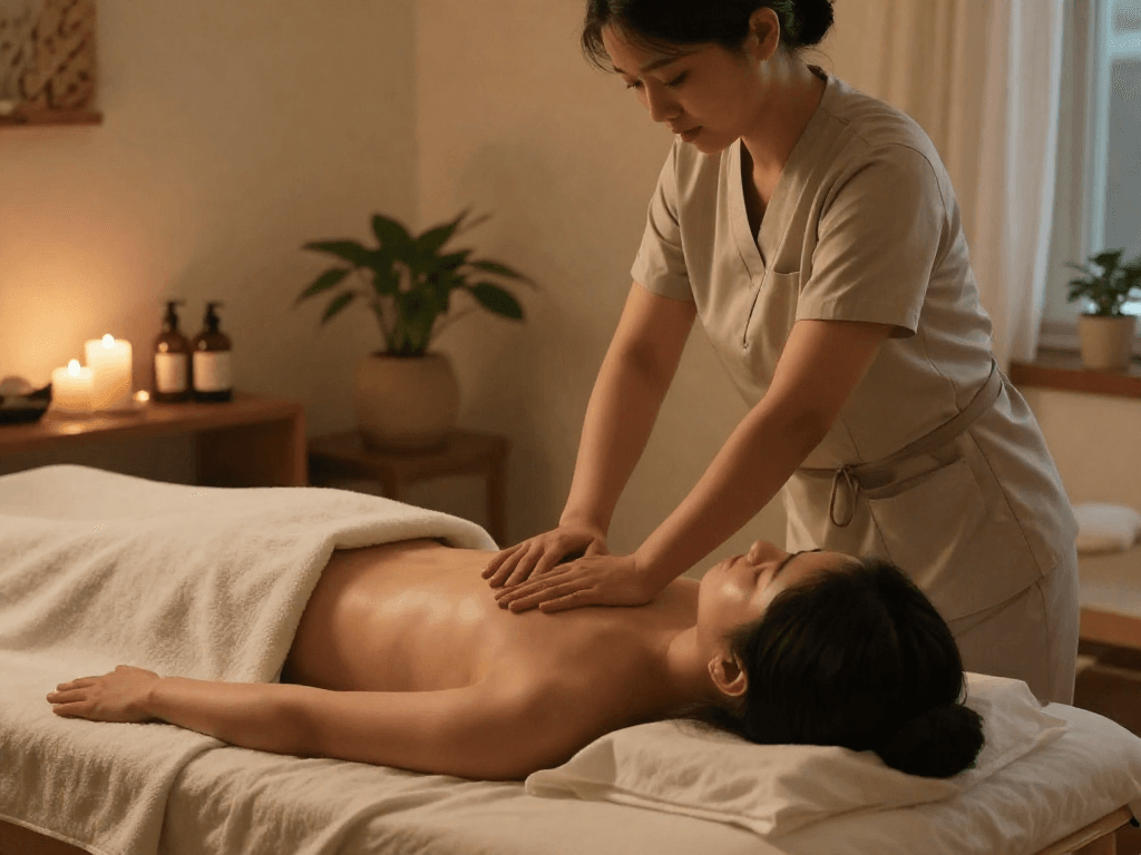 Professional 금천구출장마사지 session in a tranquil home environment, conveying relaxation and wellness
