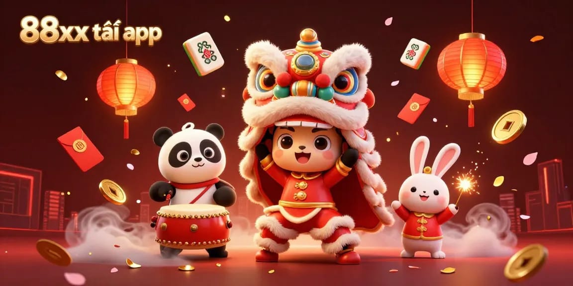 Engage with the exciting 88xx tải app gameplay featuring a festive lion dance and dynamic casino elements.