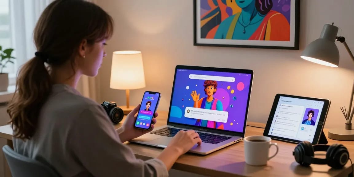 Engaging in nsfw ai chat in a modern home office, featuring vibrant digital character displays
