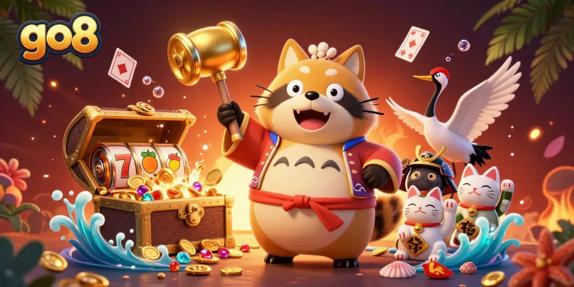 Play slots with go8 featuring a cheerful tanuki and lucky symbols, creating exciting casino moments.