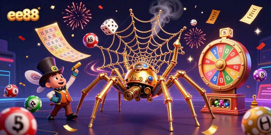ee88 displays an ecstatic golden spider capturing dice while confetti rains in a vibrant casino