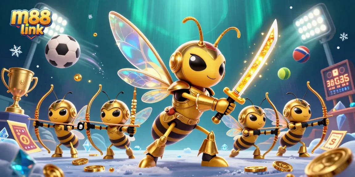 Experience thrilling betting fun with M88 link, featuring a vibrant 3D scene of golden hornets and sports elements.