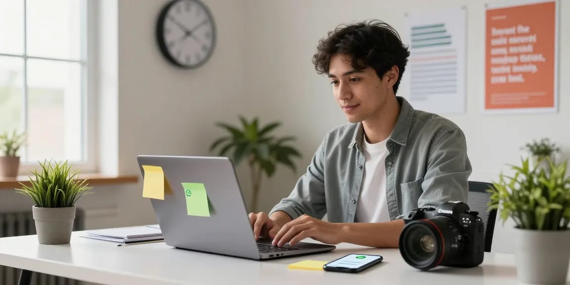 Professional using WhatsApp網頁版 in a bright office setting, engaged in a video call and messaging.