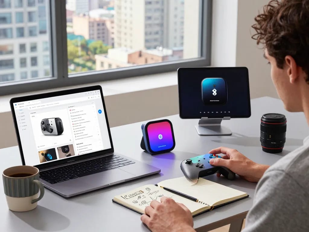 Latest tech gadgets 2046 showcased in a modern workspace with innovative Bluetooth devices and a tech enthusiast testing functionalities.