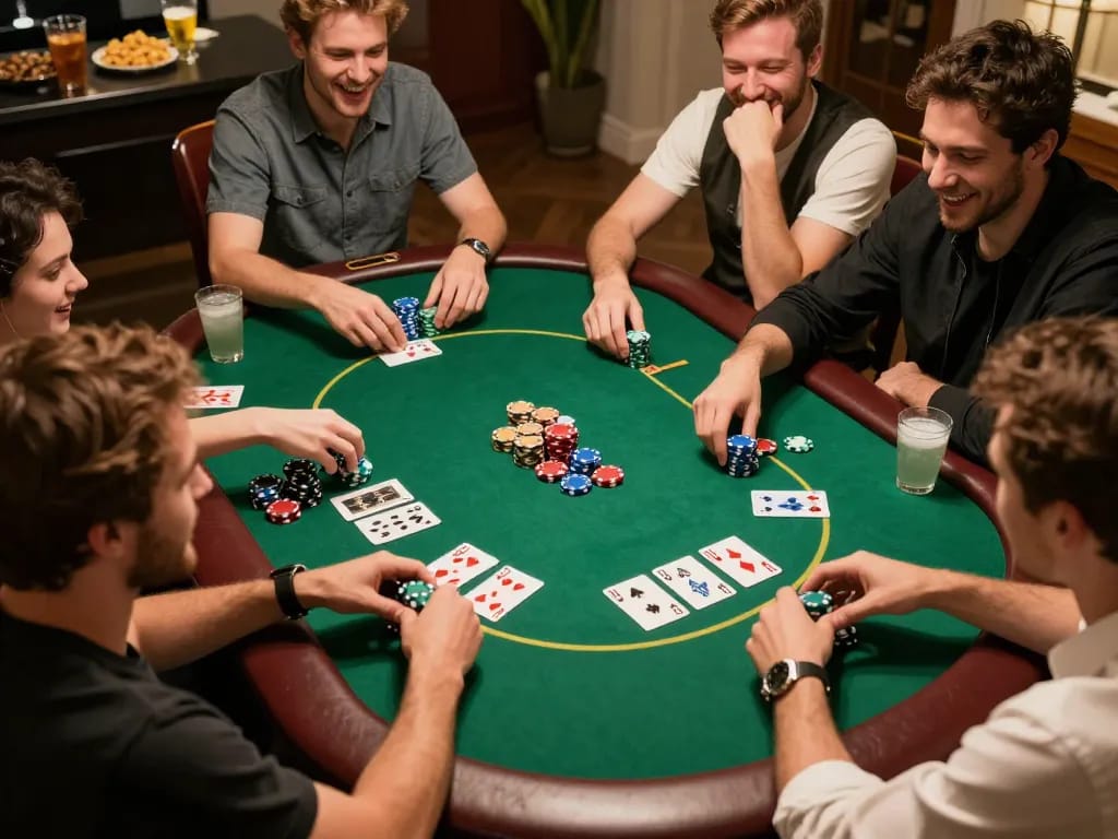 Players engage in an exciting home poker game at Uk88, showcasing strategy and fun with chips and cards.