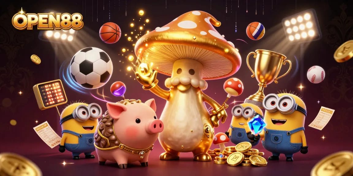 Engage in exciting gaming adventures at OPEN88 with vibrant characters and dynamic casino elements.
