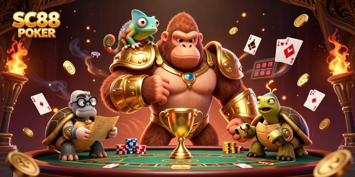 Experience intense SC88 POKER action with vibrant characters and dynamic gambling elements.