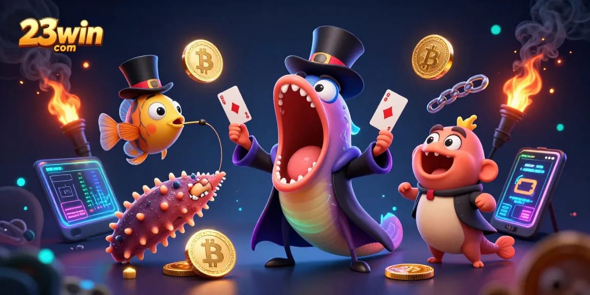 Join the excitement at 23win com with a magical casino scene filled with vibrant characters and crypto elements.