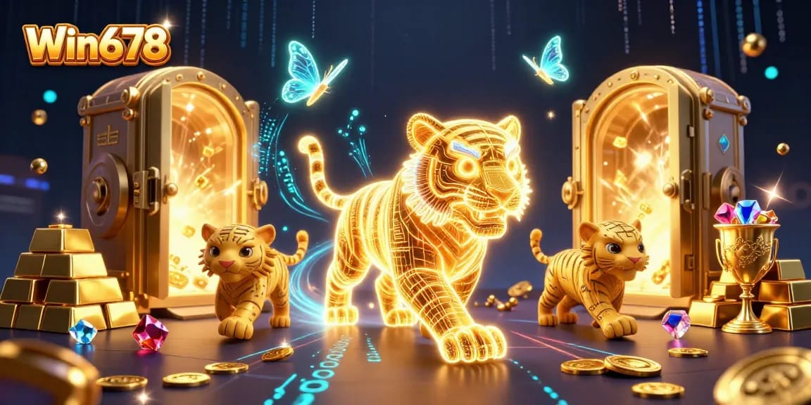 Win678 showcases a 3D neon tiger captivating players in a vibrant digital casino.