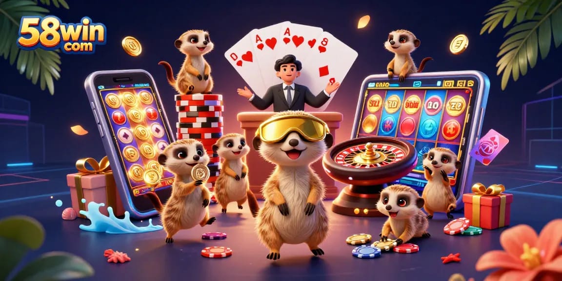 Experience thrilling gaming action at 58win com with lively meerkats managing a colorful casino scene.