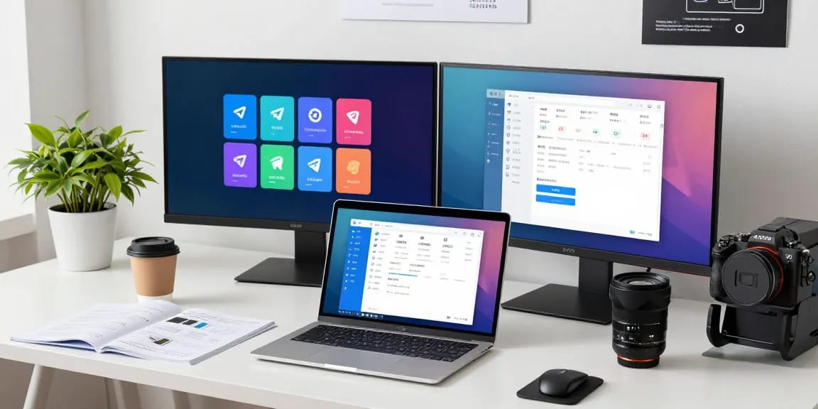 Customizing Telegram中文 interface in a modern tech workspace with computers and coffee.