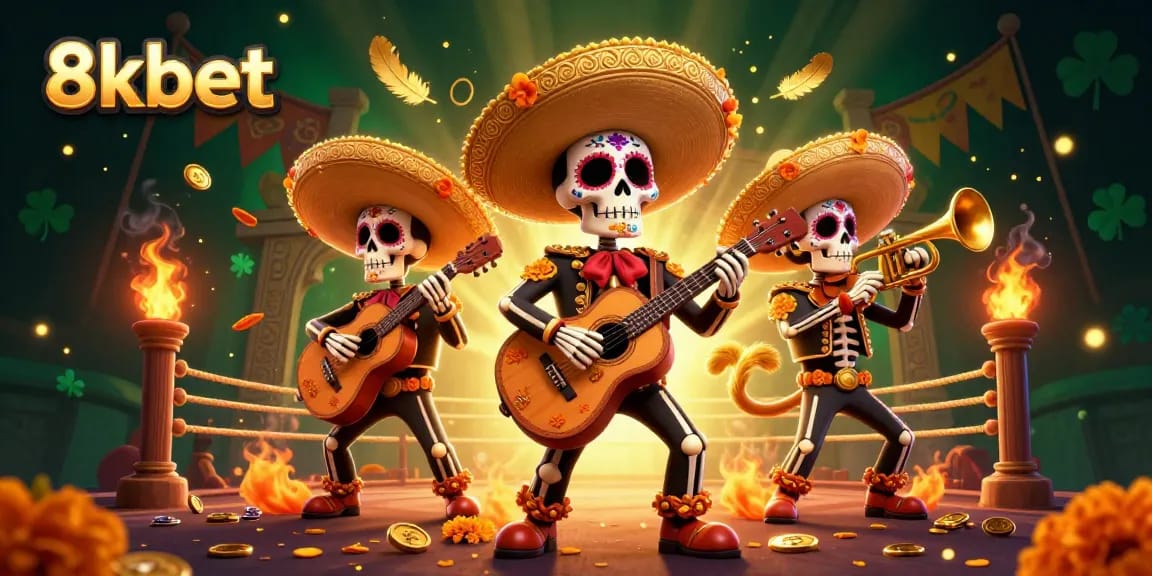 Experience the thrill of 8kbet with a vibrant 3D mariachi band illustration celebrating gaming excitement.