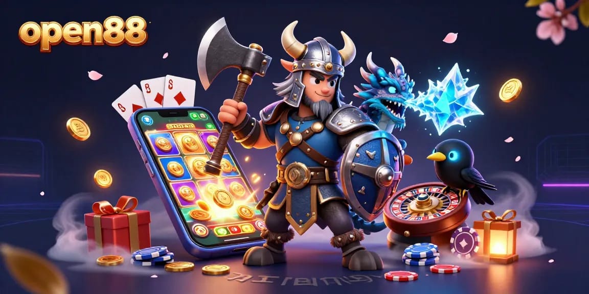 open88 enhances gaming experience with Viking warrior and ice dragon in lavish casino scene