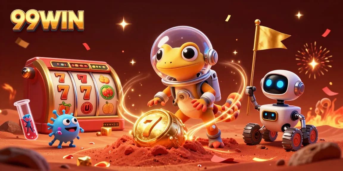 Experience excitement at 99WIN with a vibrant 3D illustration of a Martian gecko in a casino.