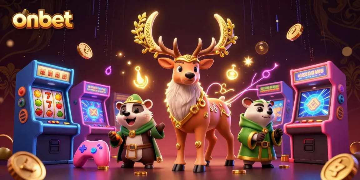 Experience the excitement at onbet with vibrant games and engaging casino elements in this dynamic illustration.
