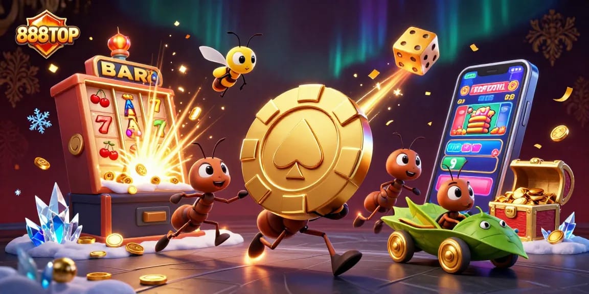 Experience the thrilling heist at 888TOP, where ants carry a massive poker chip amidst a jackpot explosion.
