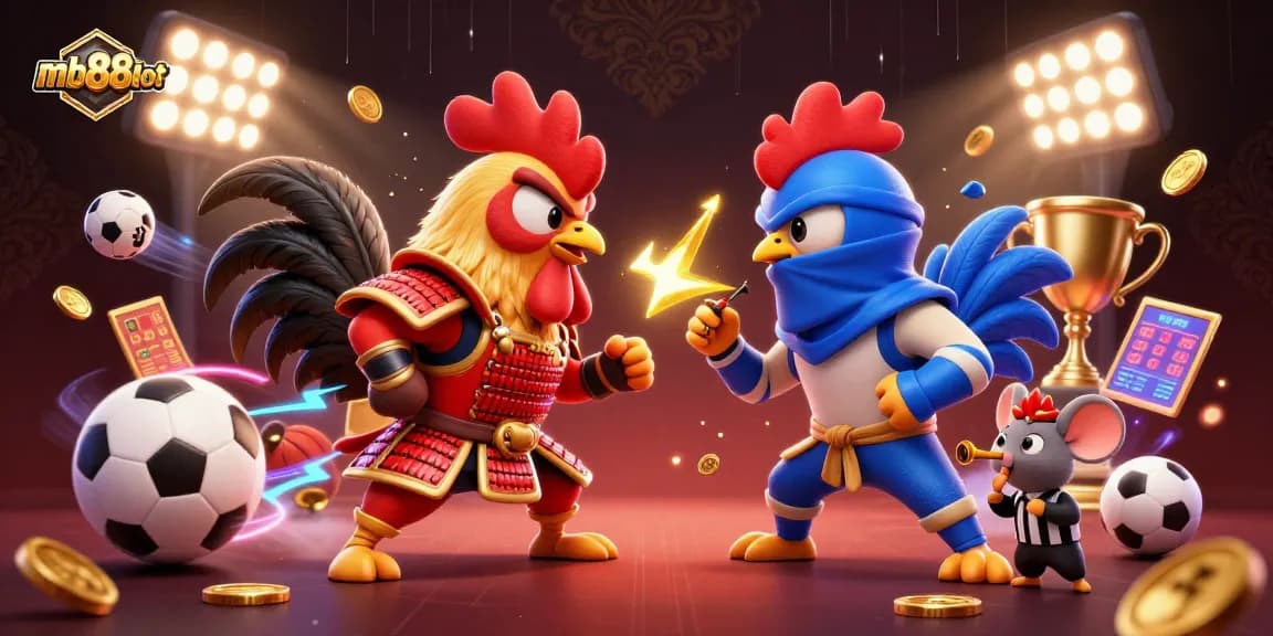 Watch twin roosters in samurai and ninja gear duel over mb88slot sports betting amidst dynamic elements and casino symbols.