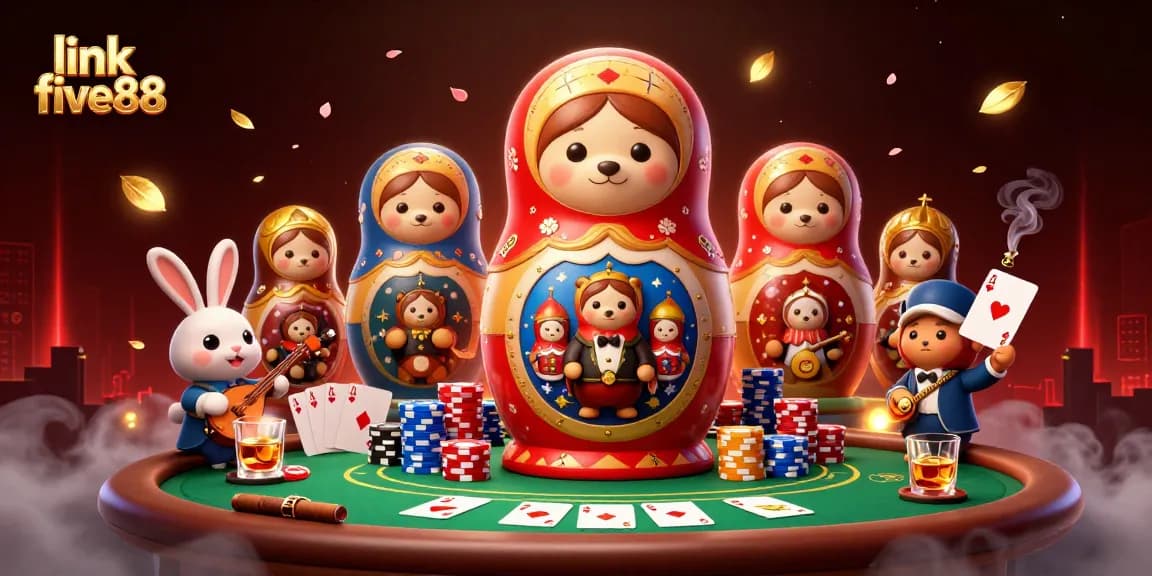 Engage with the vibrant link five88 illustration featuring playful bears and a balalaika rabbit amidst poker elements.