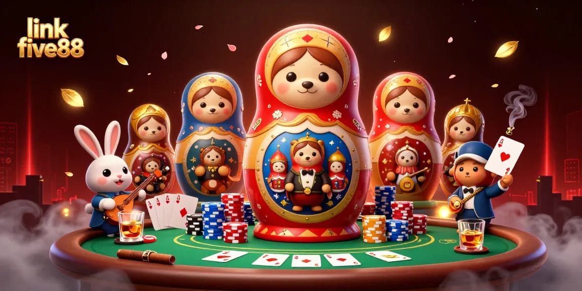 Engage with the vibrant link five88 illustration featuring playful bears and a balalaika rabbit amidst poker elements.
