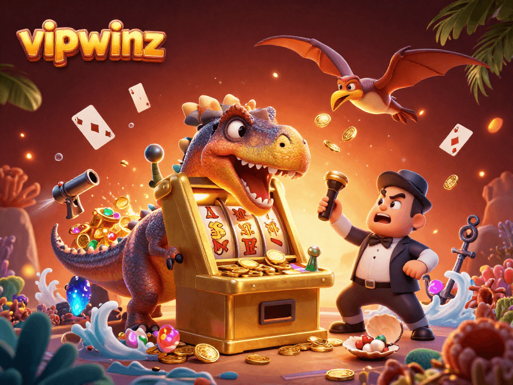Experience the excitement of vipwinz as a 3D pachycephalosaurus hits a jackpot, surrounded by dynamic casino elements.