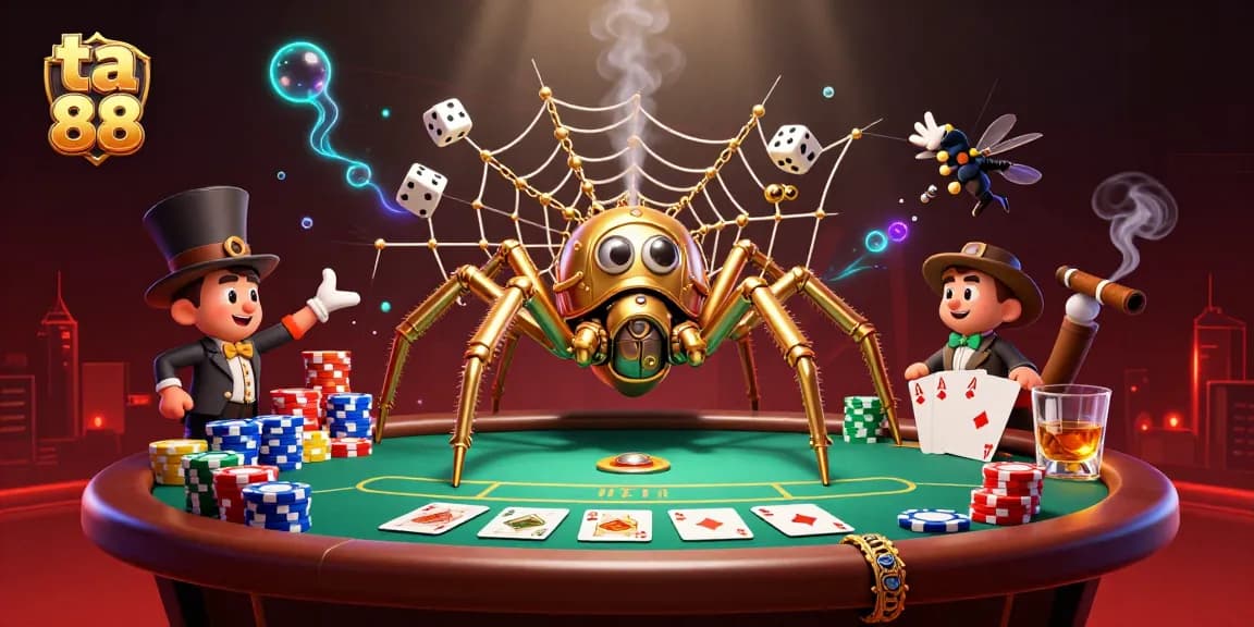 Engage with the ta 88 casino world, featuring a dynamic steampunk spider and poker elements.