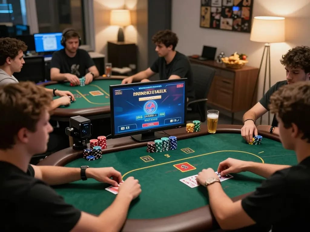 Players enjoying intense online poker with Lu88 on their screens, showcasing dynamic gameplay moments.